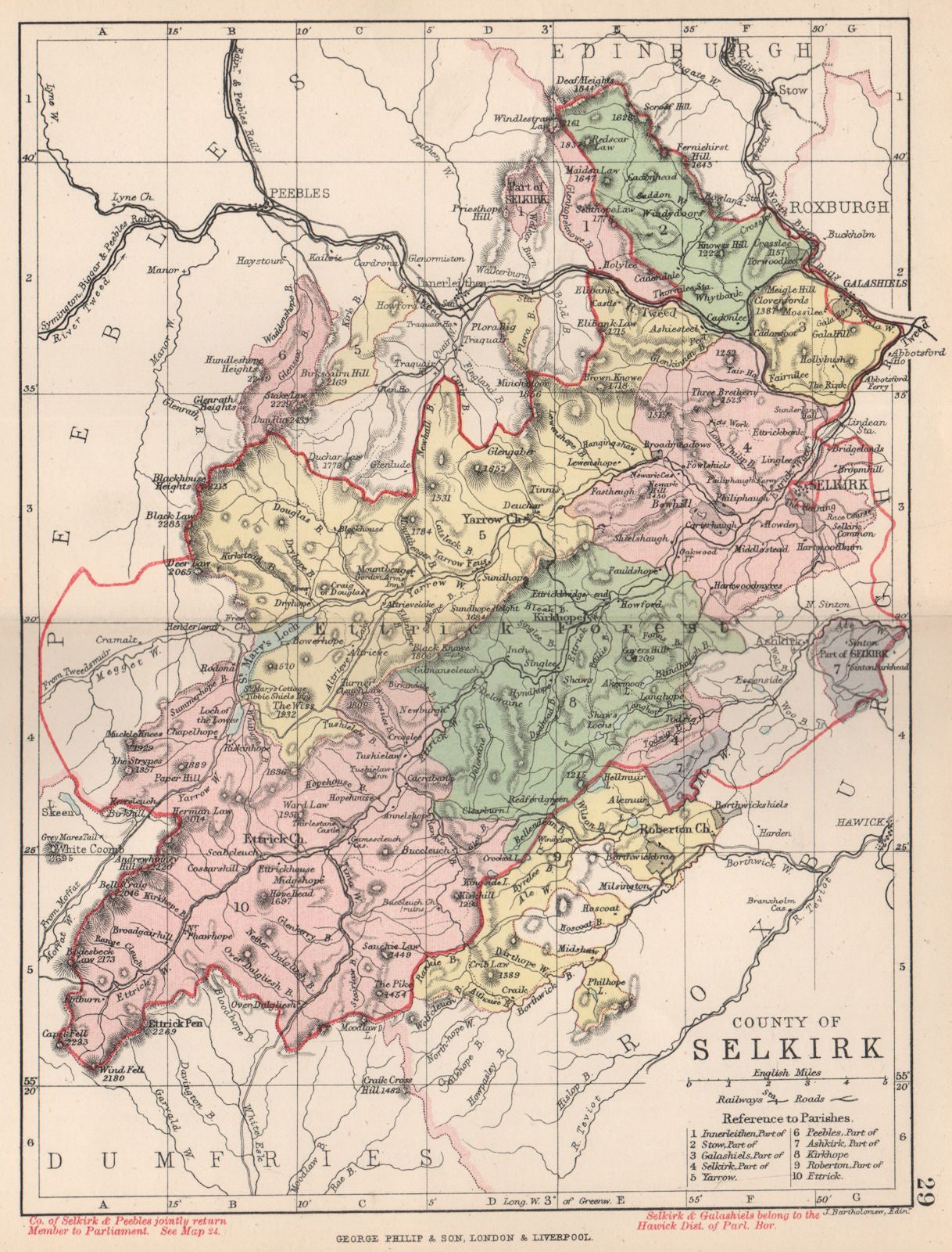 'County of Selkirk'. Selkirkshire. Parishes. BARTHOLOMEW 1891 old antique map